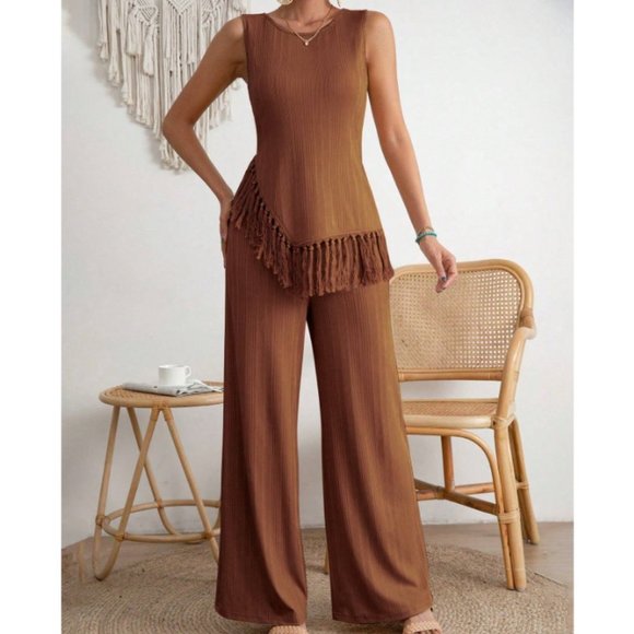Brown Boho Womens Fringe Hem Tank Top & Wide Leg Pants - Picture 4 of 5